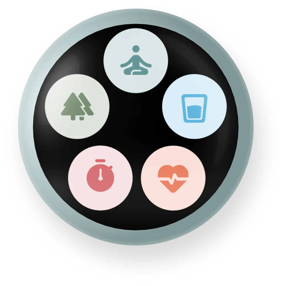 Spirit device showing the meditation feature—with a soft pulsing lights and vibrations to guide one's breathing towards calm. 