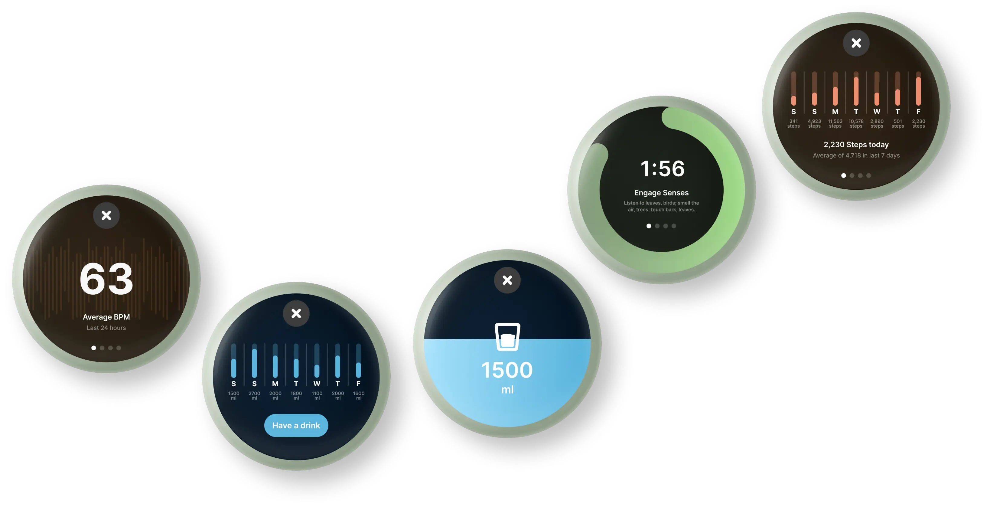 A line of Spirit devices showing various features to improve one's health and energy: average heartrate, the last 7 days of water intake, today's water intake, guided forest bathing step by step instructions, and the last 7 days of steps taken and steps taken today. 