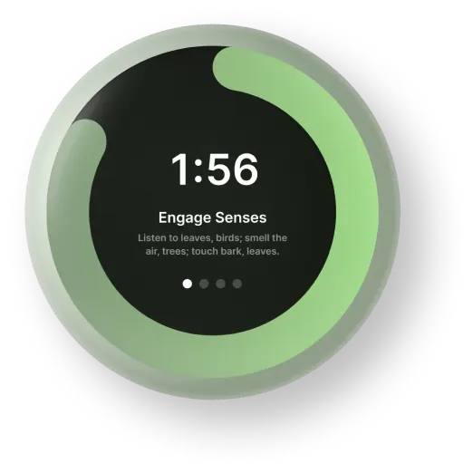 Spirit's user interface showing its guided forest bathing feature—featuring a timed countdown with instructions to engage the senses, listen to leaves, birds; smell the air, trees; touch bark, leaves. This particular forest bathing ritual is shown to have 4 steps. 